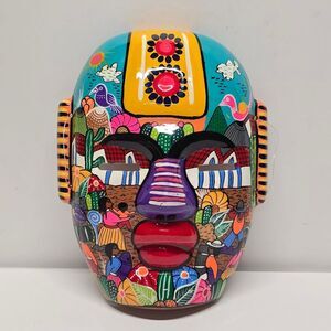 MEXICAN TERRACOTTA FESTIVAL MASK HAND PAINTED FOLK ART WALL HANGING